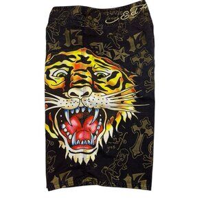 Y2K Ed Hardy Surf or Die Swim Trunks Board‎ Shorts Mens 32 Tattoo Skull Tiger